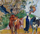 Paul Gauguin Peasant Woman and Cows in a Landscape painting